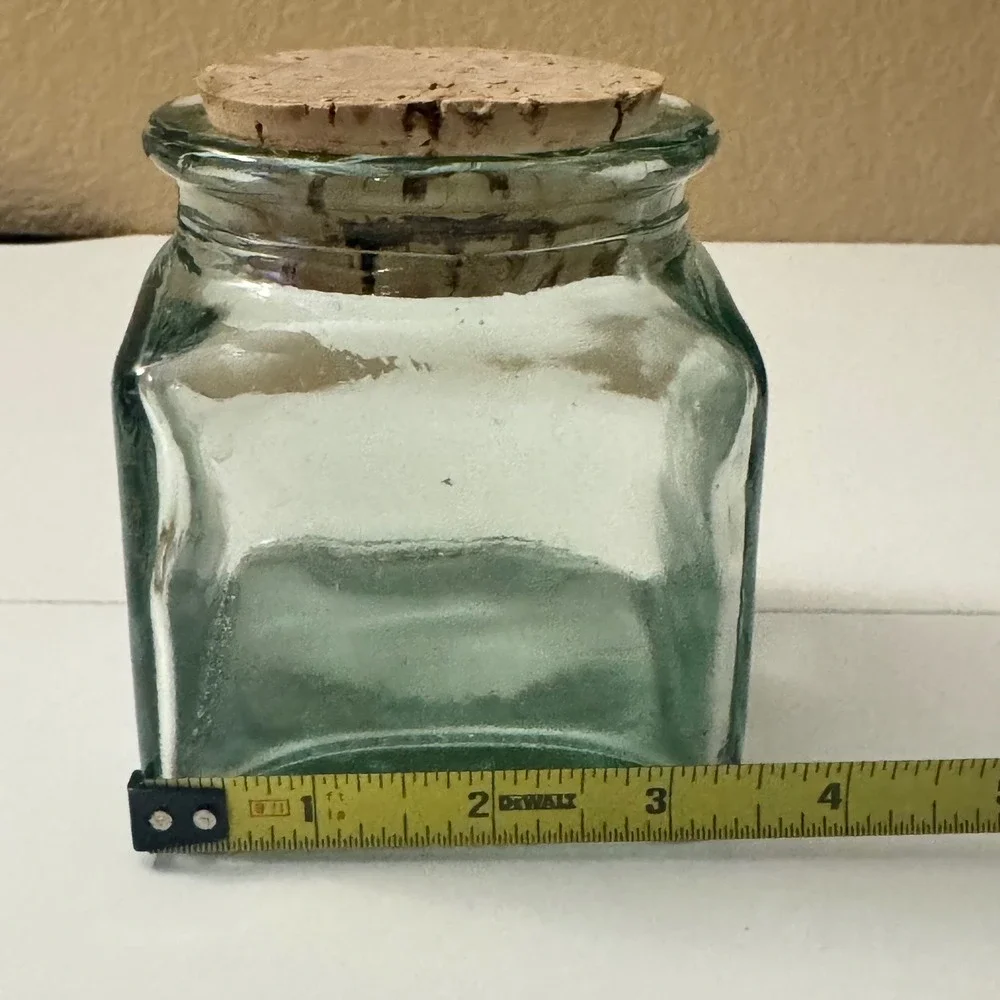Vintage Green Glass Apothecary Jar w/Cork Lid Pink Cherry Blossom 4.5